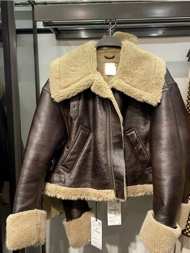 Ly velo novo inverno moto biker plutônio casaco curto feminino high street zíper falso cordeiro jaqueta de couro senhora grosso quente outwear