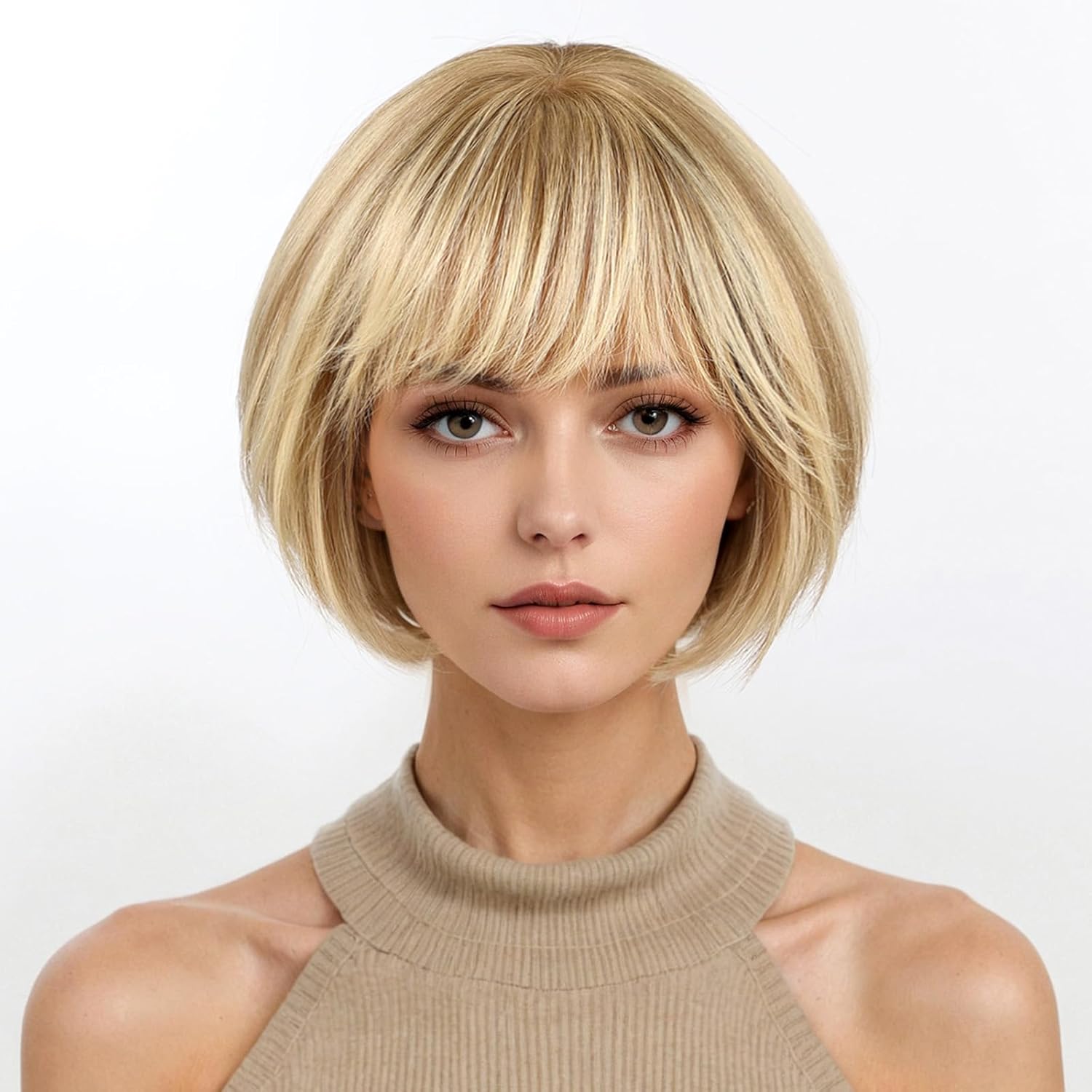 Peluca de Cabello Humano Ombre Marrón Dorado, Peluca de Cabello Humano 100% Remy, Bob de 10 Pulgadas, Rubio Marrón Natural, Suave, para Uso Diario, para Mujeres con Flequillo