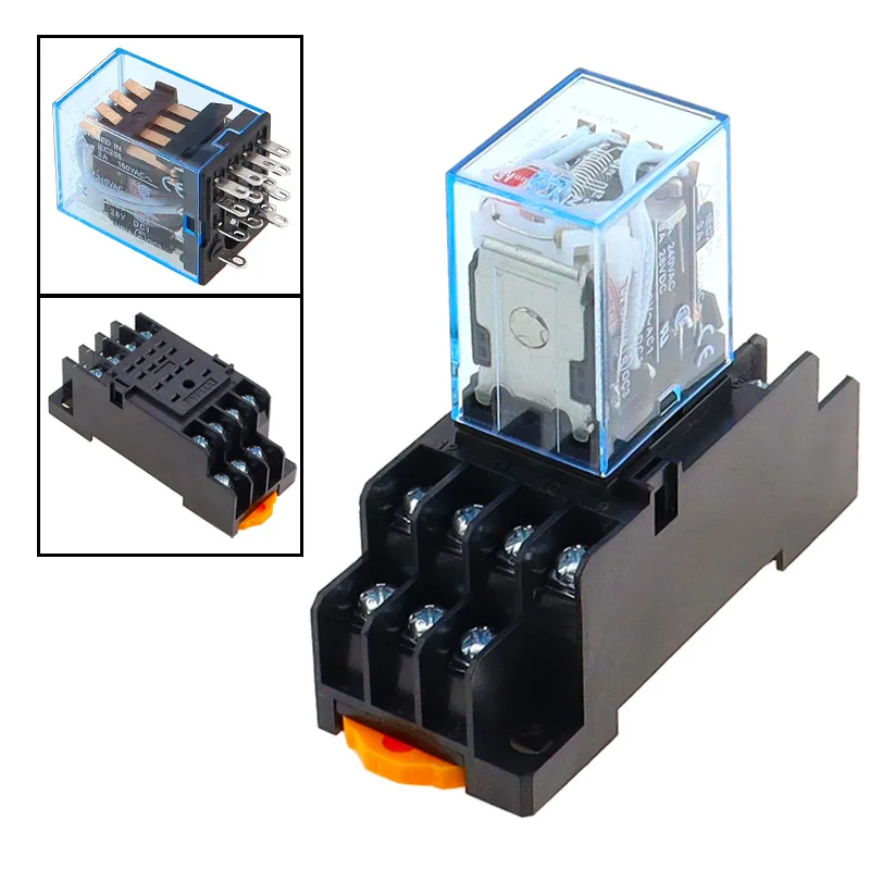 1 Set MY4NJ Relay Daya Elektromagnetik Kecil AC/DC 12V 24V 36V 48V 110V 220V 380V 4NO 4NC DIN Rail 14 Pin + Relay Mini Dasar