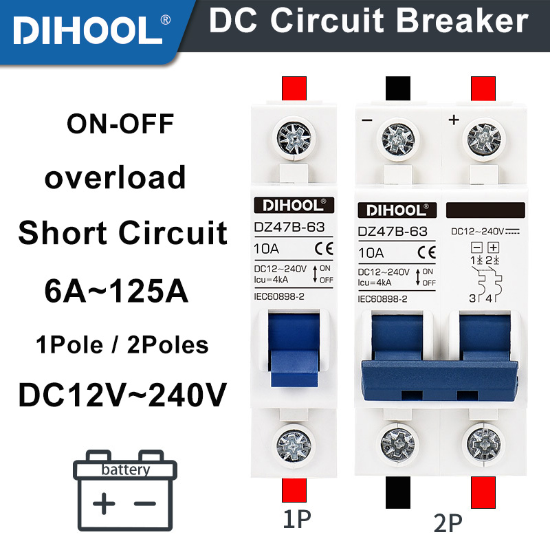 Автоматический выключатель постоянного тока DC12V 24V 48V 36V 72V MCB для аккумулятора PV Solar Protector DZ47B 16A 40A 125A положительный отрицательный выключатель изолятор