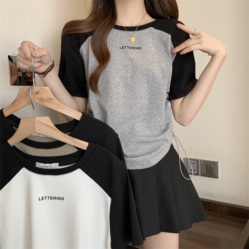 Damen-T-Shirt mit Raglanärmeln, Buchstaben-Print, Kordelzug, gerafftes, lässiges Kurzarm-Crop-Top für den Sommer