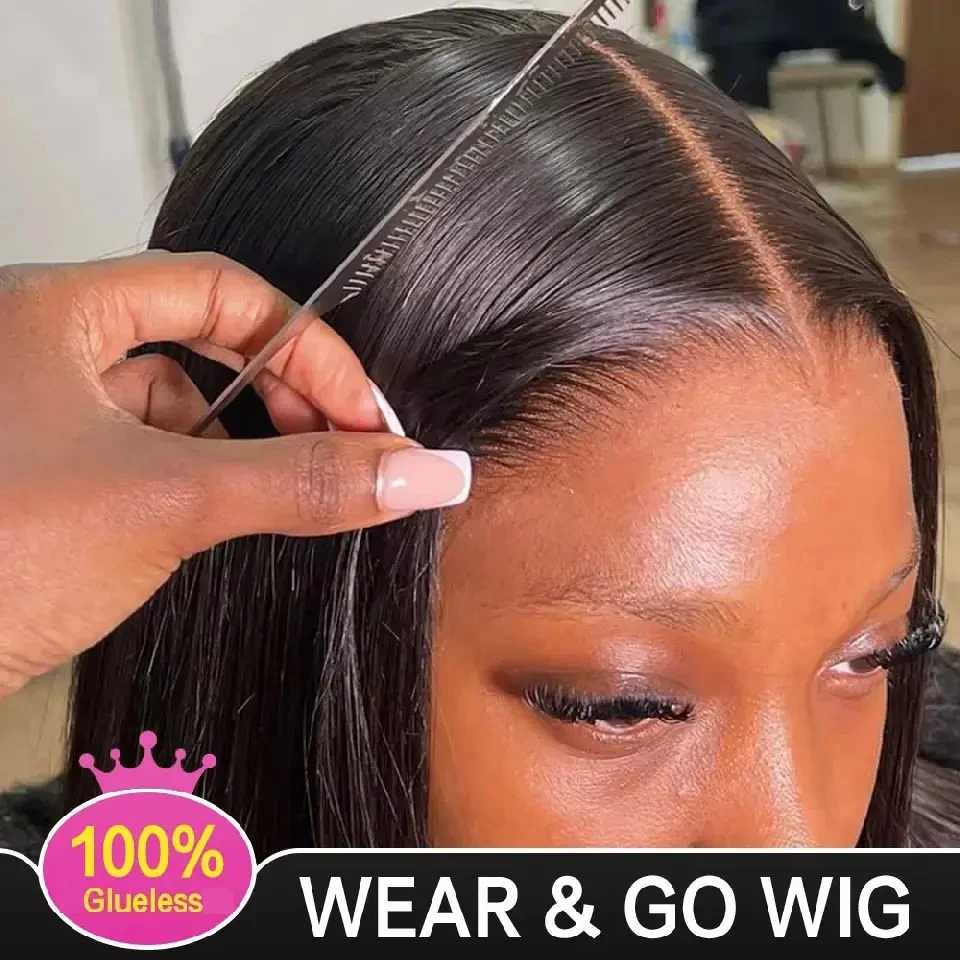 Peluca Frontal de encaje transparente 6X4 recta de hueso sin pegamento, peluca con cierre de encaje 4x4, cabello humano brasileño de Color negro Natural