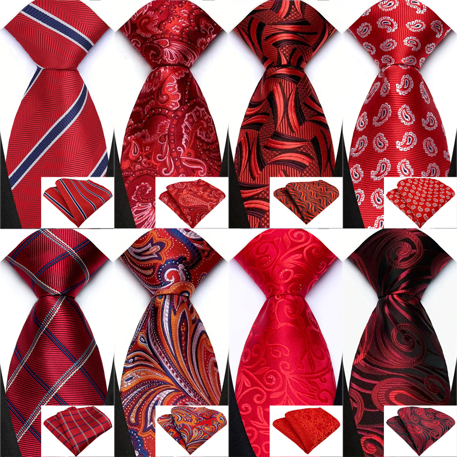 New Arrival Men's Ties For Men Red Pocket Square Ties Set Fashion Woven Neck Tie Hanky Set For Wedding Party Business Gift