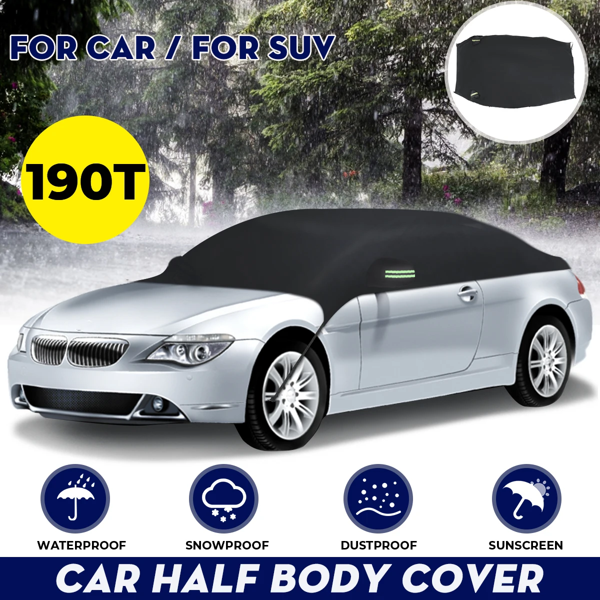 190T impermeable coche medio cuerpo cubierta parasol protector solar UV resistente a la nieve accesorios para automóviles para el cuidado del coche