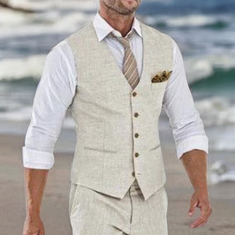Colete de terno de linho bege para homens casamento verão praia colete de uma peça com decote em v custo de moda masculina