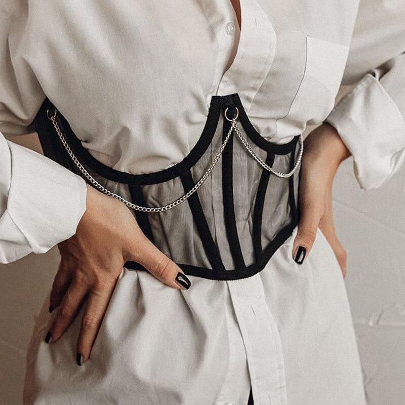 Corset Sexy sous le buste Punk chaîne en métal noir femmes haut courbe Shaper sangle minceur taille haute ceinture dentelle Bustiers