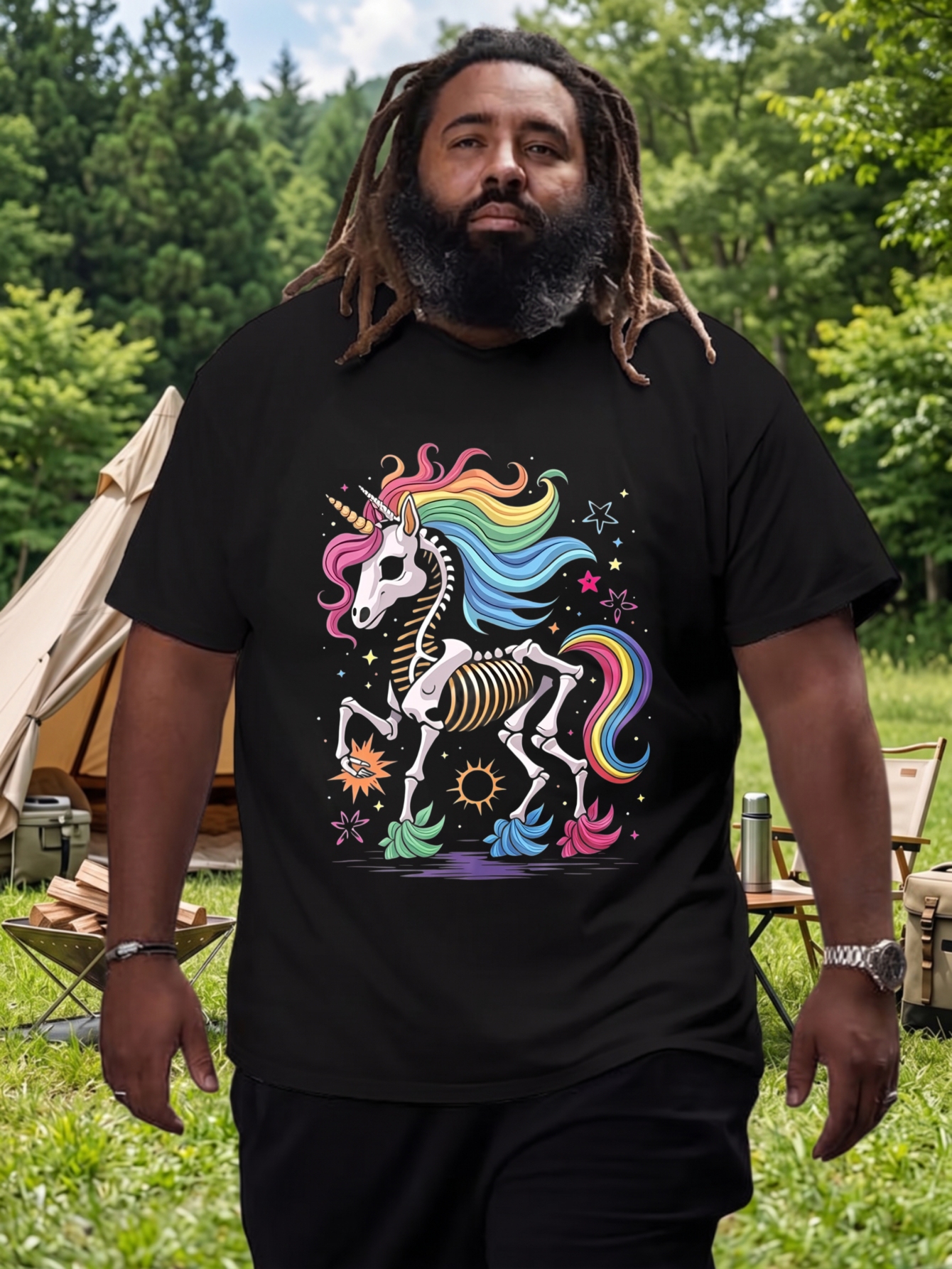 1 stuks 100% katoenen T-shirt met regenboog-skelet-eenhoorn grafische print, O-hals en korte mouwen