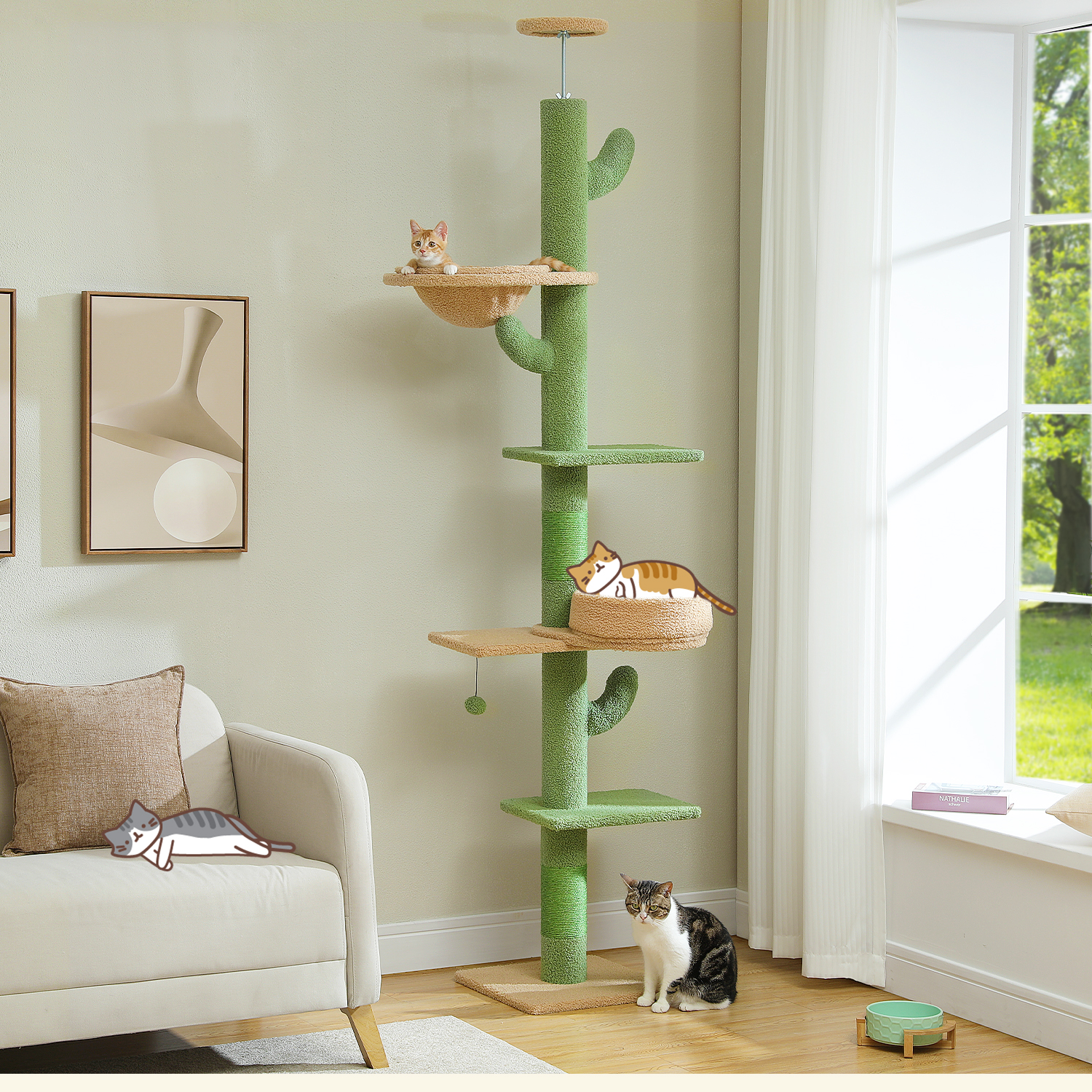 Árvore de gato cactus de altura ajustável para gatos internos, torre de gato do chão ao teto com poste de arranhar, rede aconchegante, bolas penduradas