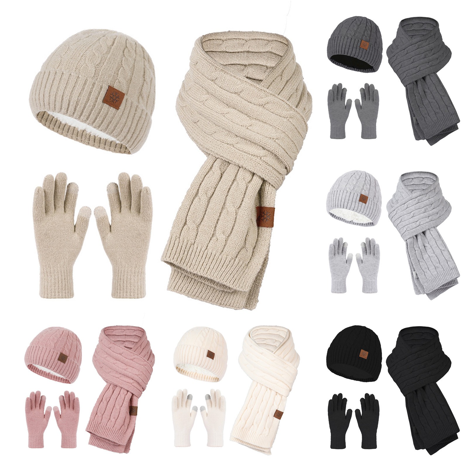 Women Knitted Beanies Cold Hat 3pcs Warm Winter Hat For Women Scarves Cap Scarf Gloves Hats Three Sets