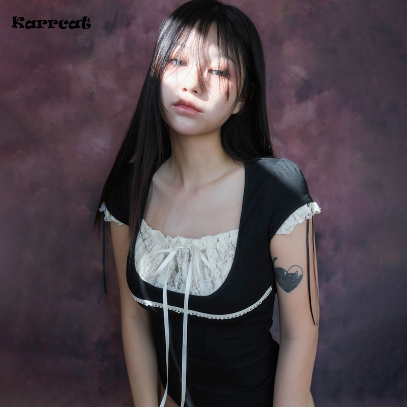 Karrcat Fairycore Lace Patchwork t-shirt Grunge estetica falso due pezzi top Dark Ballet Style Shirring Tshirt Vintage Gothic