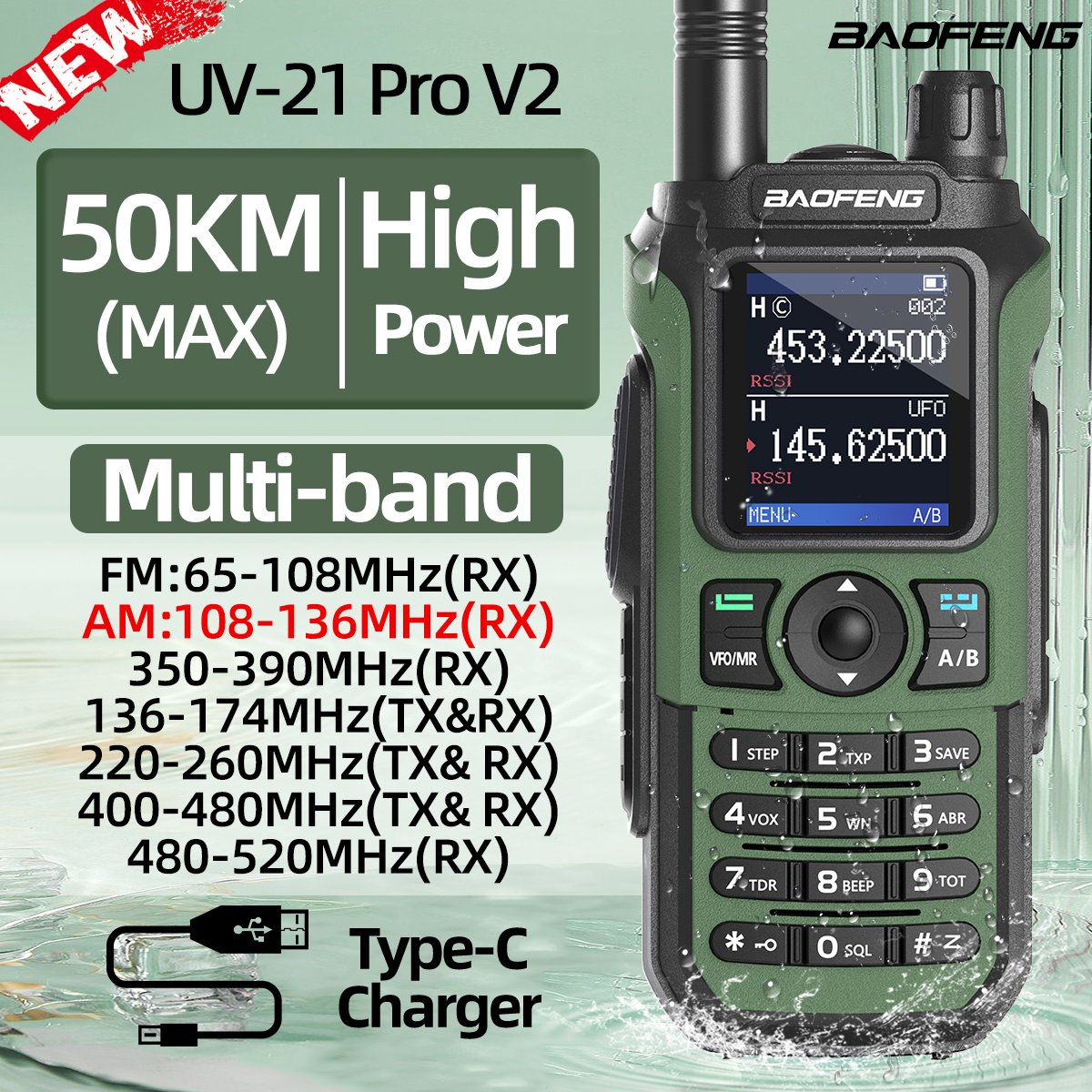 Baofeng UV-21 PRO V2 Walkie Talkie de largo alcance multibanda portátil Ham Radio bidireccional copia inalámbrica frecuencia tipo C para caza
