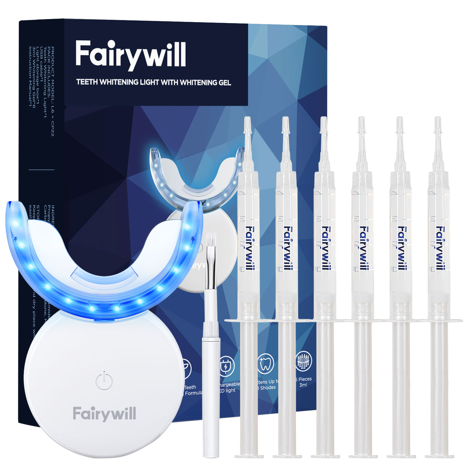 Fairywill Kit de blanqueamiento dental luz LED con 22% luz blanqueadora de dientes 6 peróxido de carbamida Gel blanqueador de dientes para dientes sensibles