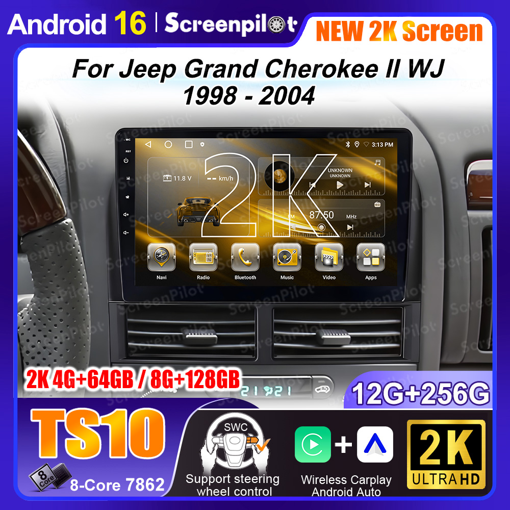 Android 16 per Jeep Grand Cherokee II WJ 1998 - 2004, Schermo Monitor TV, GPS Auto, Lettore Video, Autoradio, Navigazione, Stereo, Radio