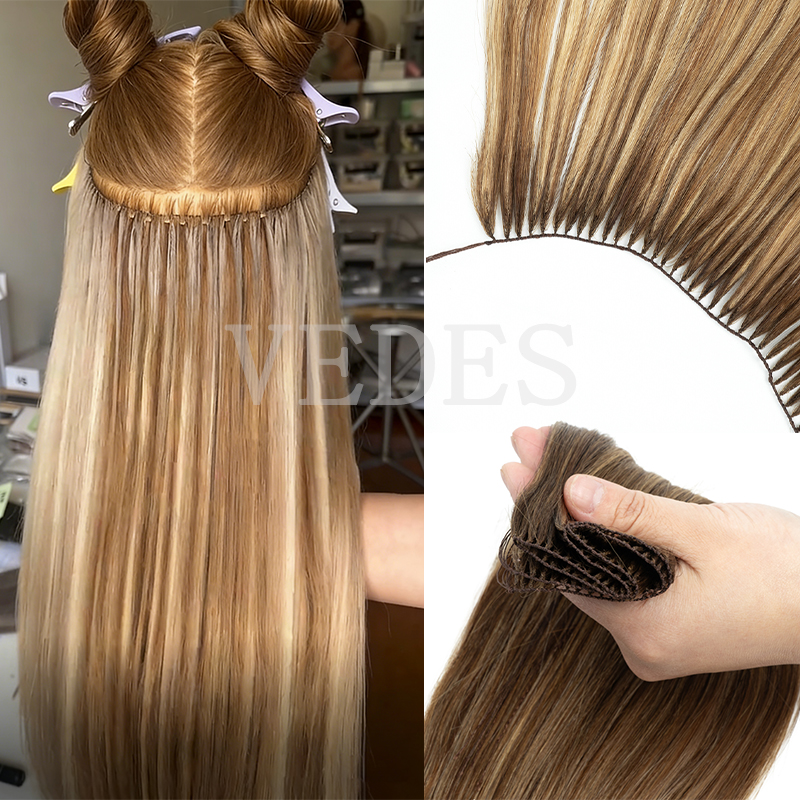 VADES Ekstensi Rambut Bulu Tak Terlihat, Ekstensi Rambut Manusia Panjang Lurus, Jahitan Alami, Rambut Mikroring untuk Wanita