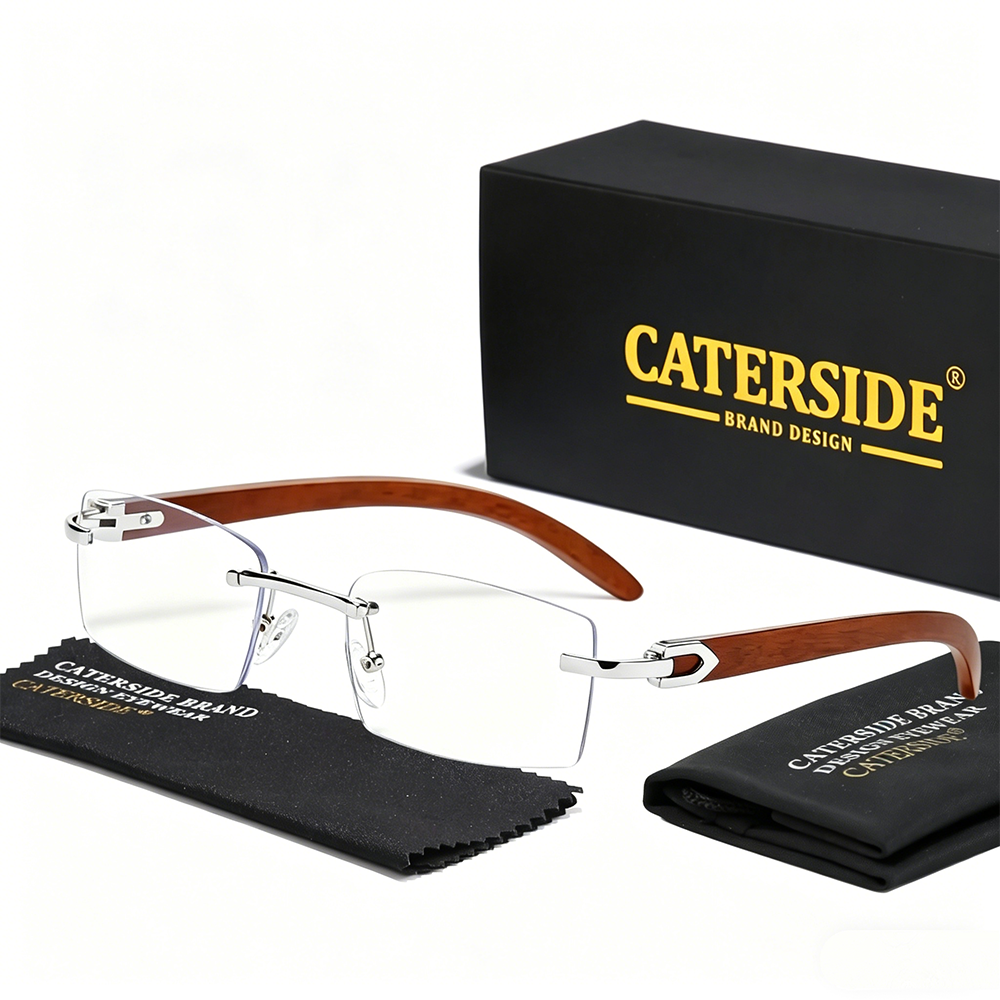 CATERSIDE Modische Rahmenlose Sonnenbrille für Herren mit Holzbügel-Design Damen Outdoor Reise Strand Deko-Sonnenbrille