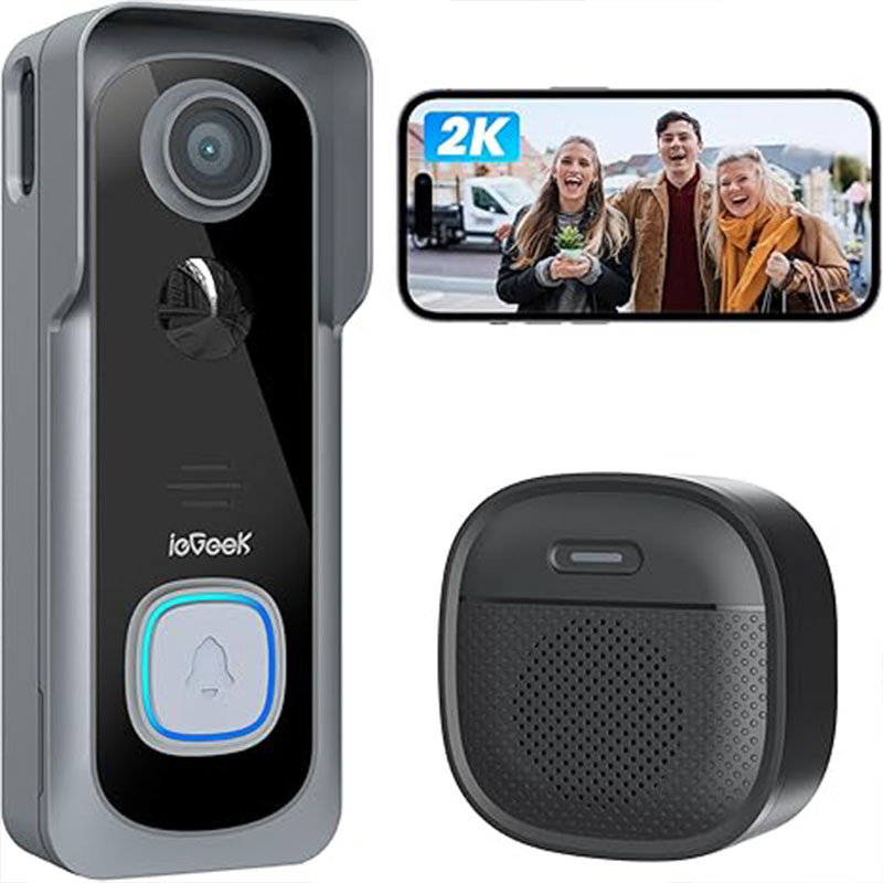 ieGeek 2K deurbelcamera Draadloos - videodeurbel met belbel, slimme wifi-deurbel AI en PIR-bewegingsdetectie