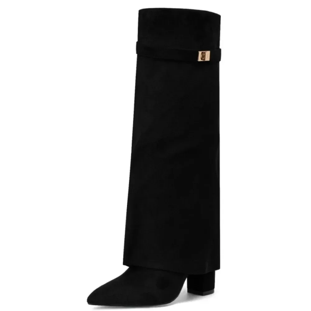 2025Herbst und Winter neue spitze kniehohe Damenstiefel mit Metallschnalle, dicke Hosenstiefel mit hohen Absätzen, modische Stiefel mit mittlerem Bein