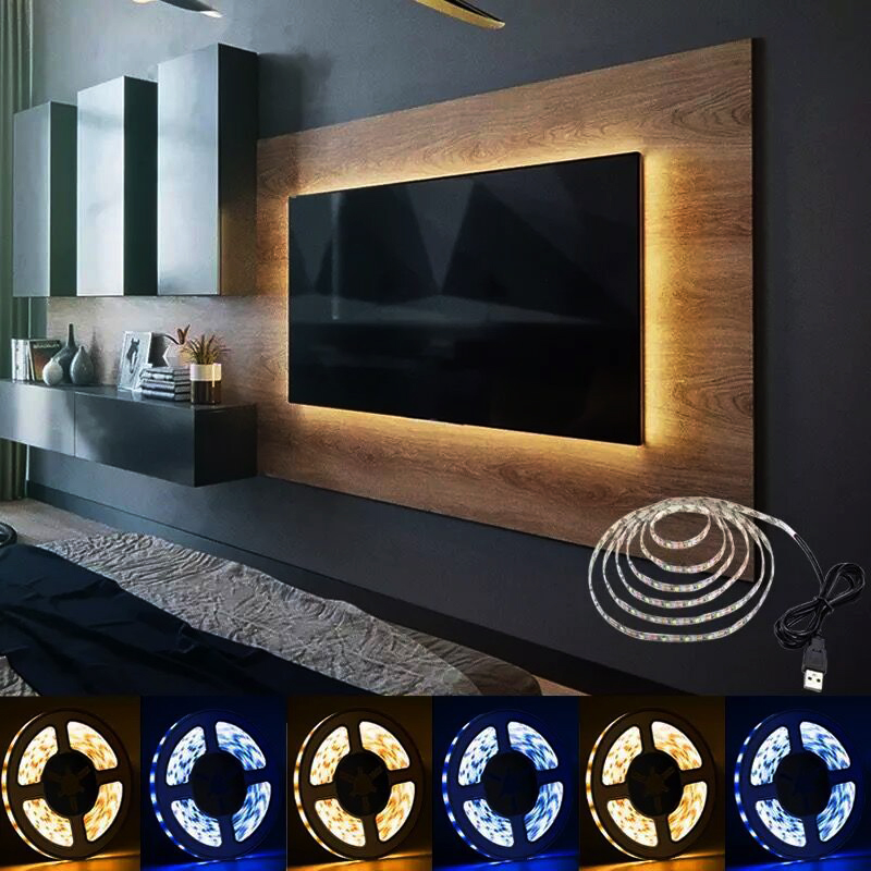 Tiras de luces LED USB de 5V CC 2835 luces de tira LED blancas cálidas para retroiluminación de TV decoración del hogar cinta Flexible de 1-5m