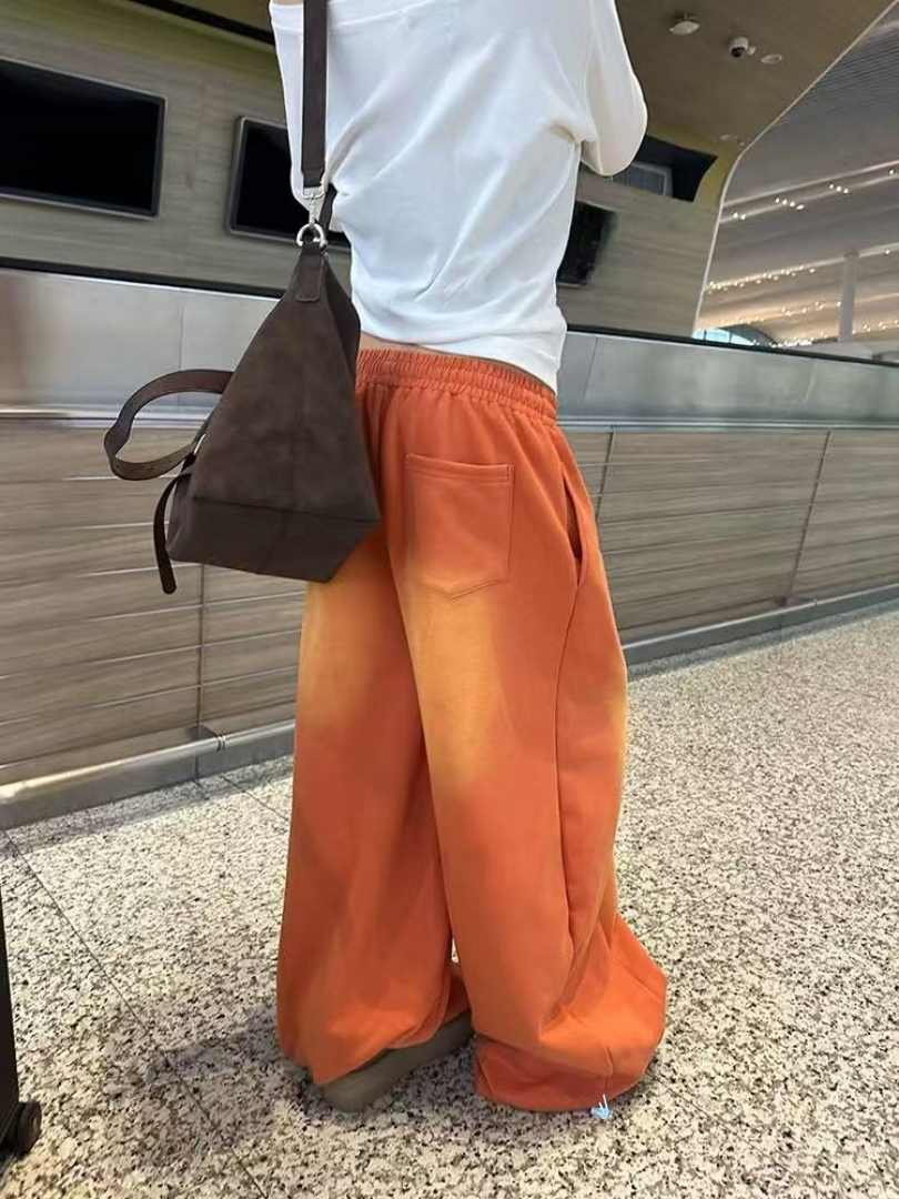 NUOMICI damesjeans oranje midden lage taille gewassen retro wijde pijpen losse sport Kpop hiphop straatbroek mode damesbroek