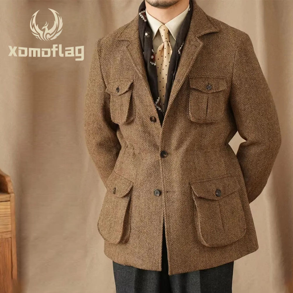 Herrenanzüge, Vintage-Blazer mit Fischgrätenmuster, Tweed, britische Wollmischung, zweireihig, leicht, lässig, Sportmantel, formelle Jacke