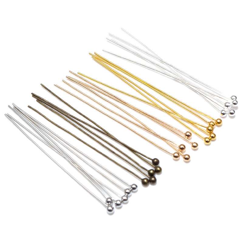 200 unids/lote 16 20 25 30 40 45 50mm pasadores de cabeza de bola de Metal de Color plateado para hacer joyería Diy, hallazgos de alfileres de cabeza Dia 0,5mm suministros