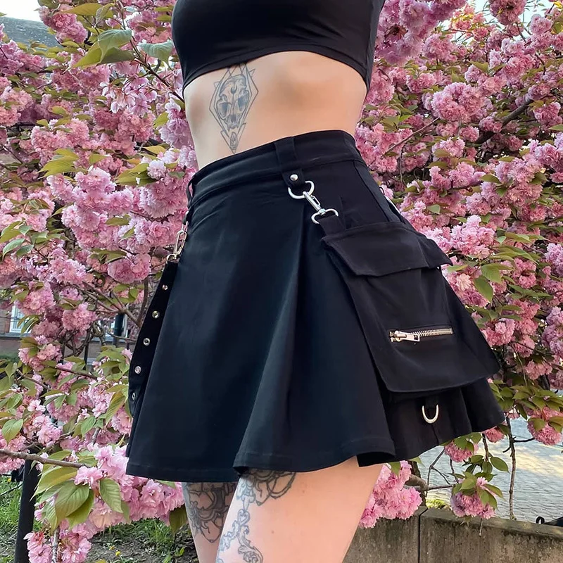 Harajuku Punk Gothic สีดําเอวสูงกระโปรงสีดําผู้หญิงเซ็กซี่ Patchwork MINI หญิง Streetwear กระโปรงสีดํา