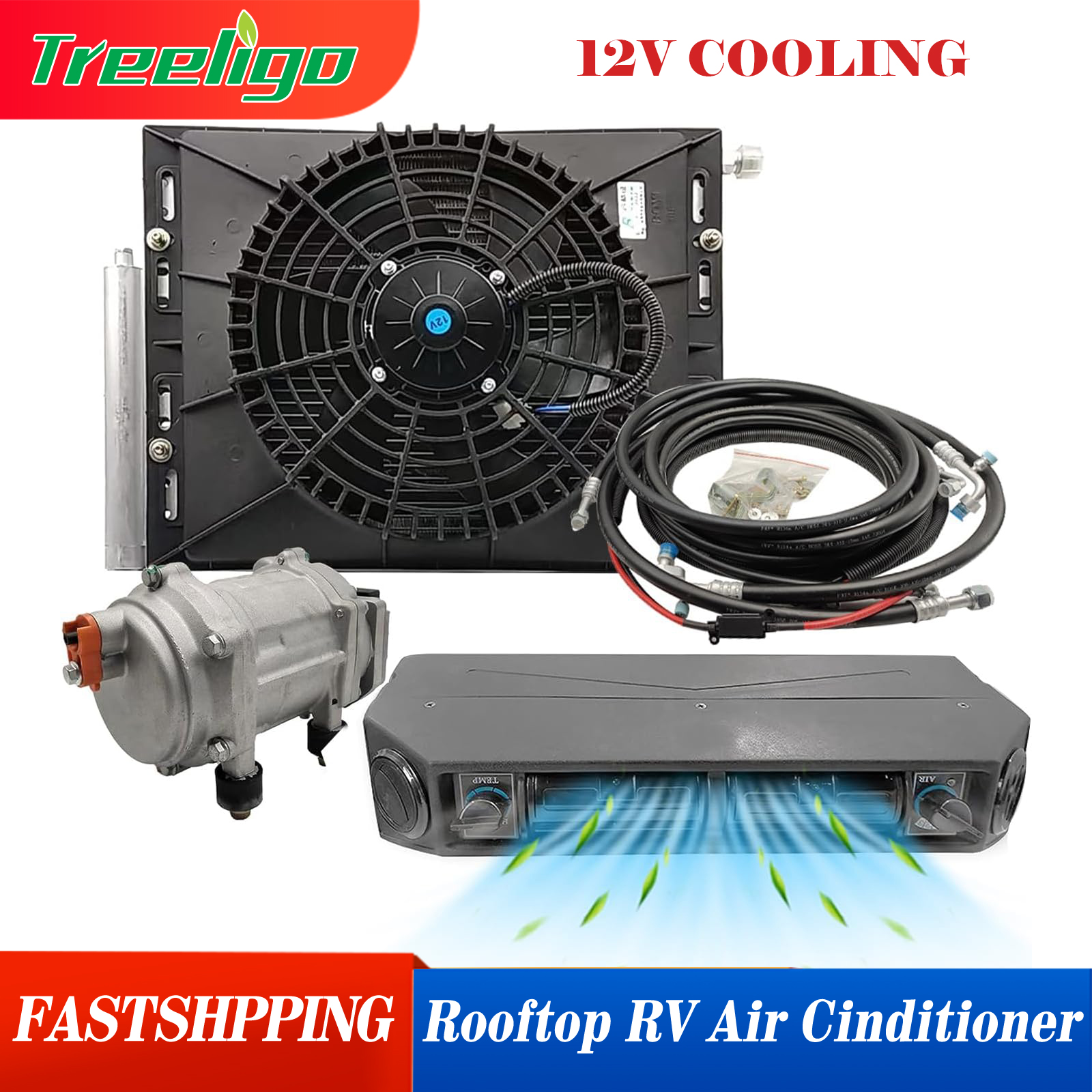 Treeligo 2026 เครื่องปรับอากาศอเนกประสงค์ 12V แบบติดใต้คอนโซล ระบบทำความเย็นไฟฟ้า เหมาะสำหรับรถยนต์ รถ SUV รถบรรทุก รถบ้าน เรือ ใหม่