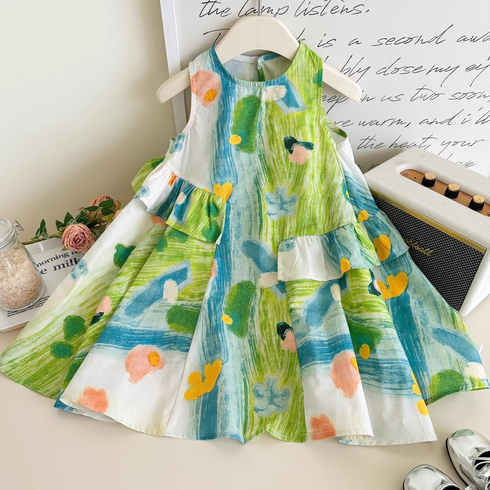 Vestidos casuais para meninas, vestido casual sem mangas com estampa de flores, vestidos infantis para meninas de 2 a 7 anos