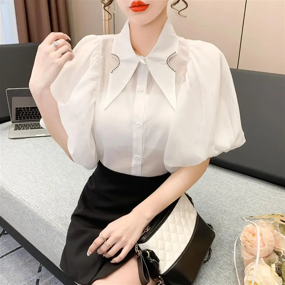 Tops de verano para mujer, camisa blanca de manga corta con cuello de punto de diamante, farol, diseñador de moda coreana, ropa de oficina