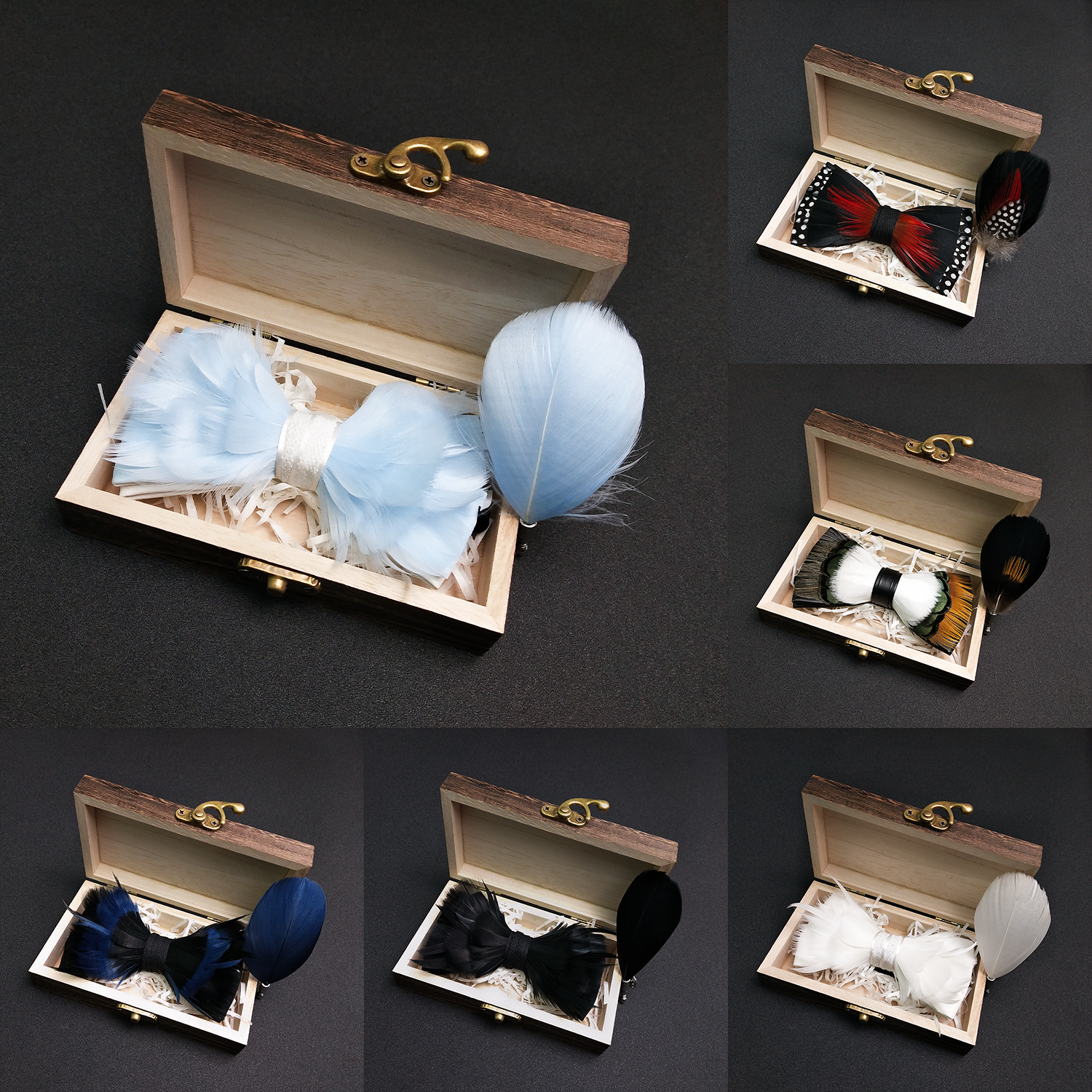 EASTEPIC Papillon blu da sogno per uomo Spilla fantasia Scatola di legno Accessorio da uomo Cinghia regolabile Cerimonia nuziale Piuma di qualità