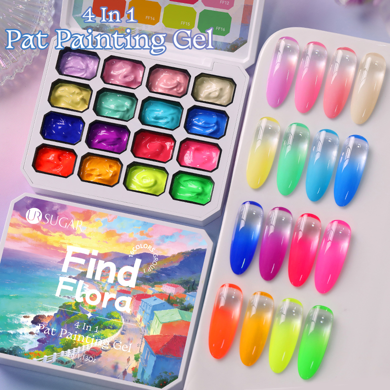 UR SUGAR 4 in 1 16 Warna Gel Lukis Pat Untuk Gradien, Stamping, Menggambar Pola UV/LED, Palet Gel Patting Gradien