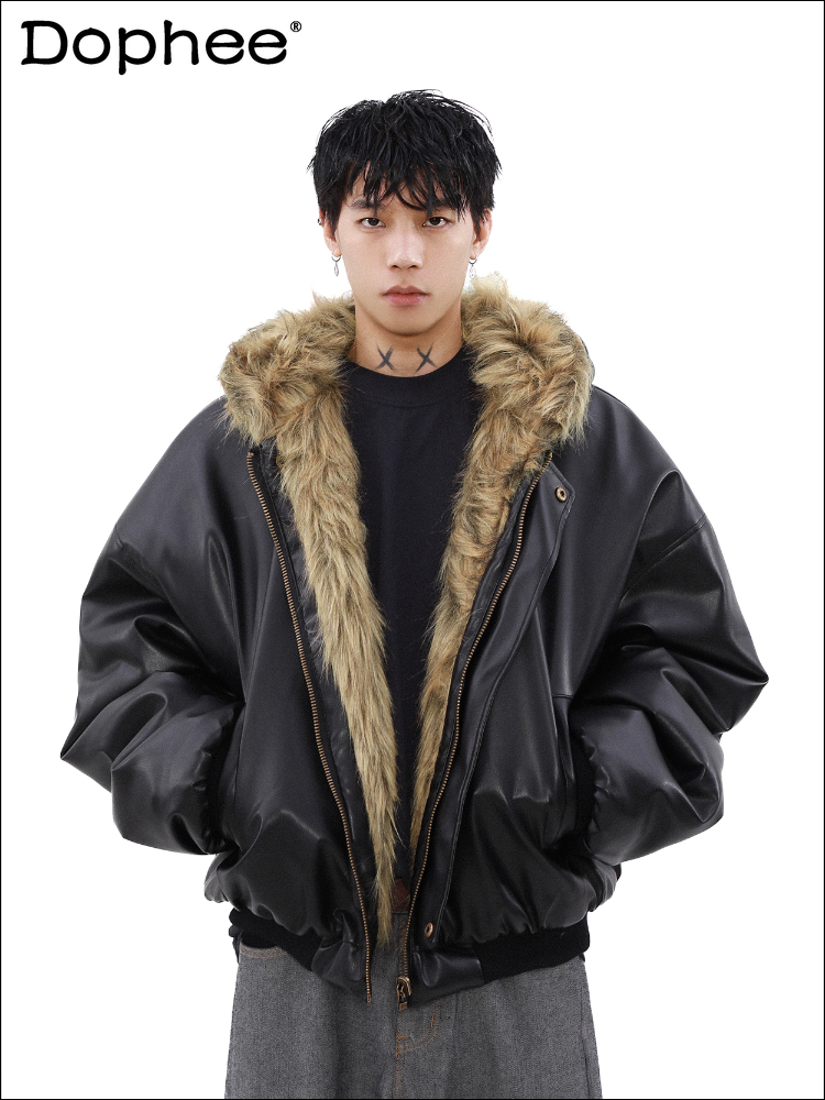 Chaqueta de manga larga de gama alta para hombre, ropa de algodón, abrigo integrado de piel de doble cara grueso de terciopelo, invierno 2024