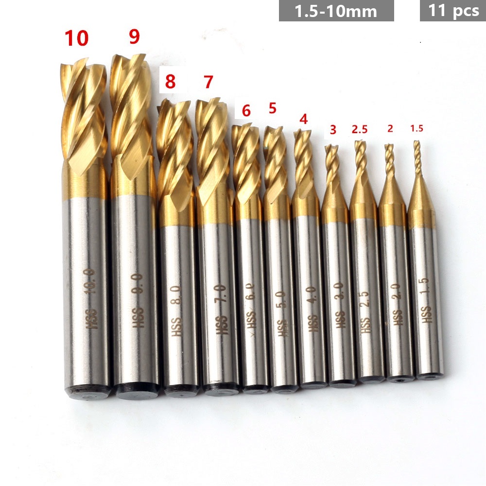 7 pces/11 pces fresas 4 flauta titânio revestido hss fresa conjunto 1.5-10mm cnc roteador bit para fresagem de aço madeira