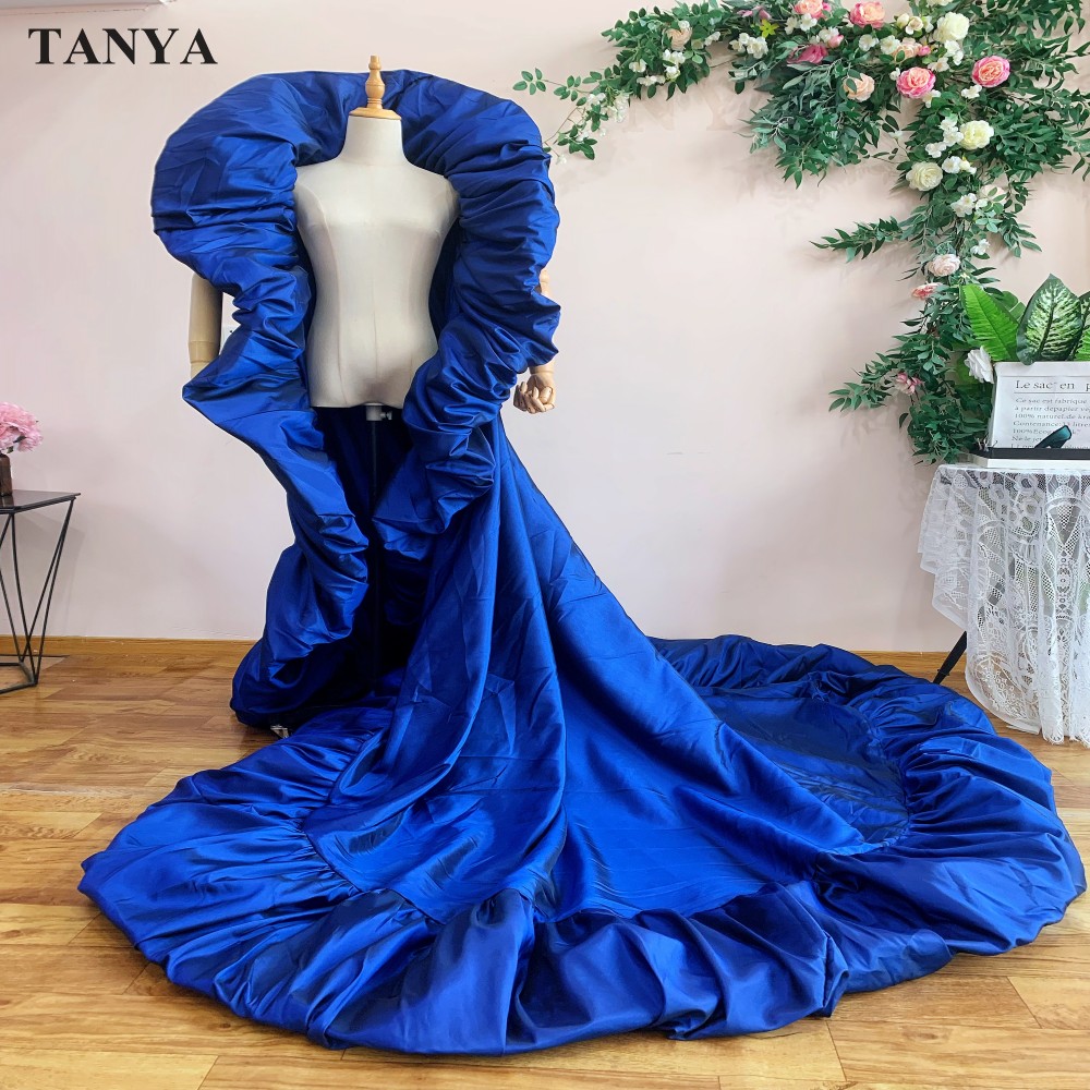 로얄 BlueTaffeta 패션 케이프 하이 칼라 롱 자켓 신부 랩 길이 커버 신부 망토 액세서리