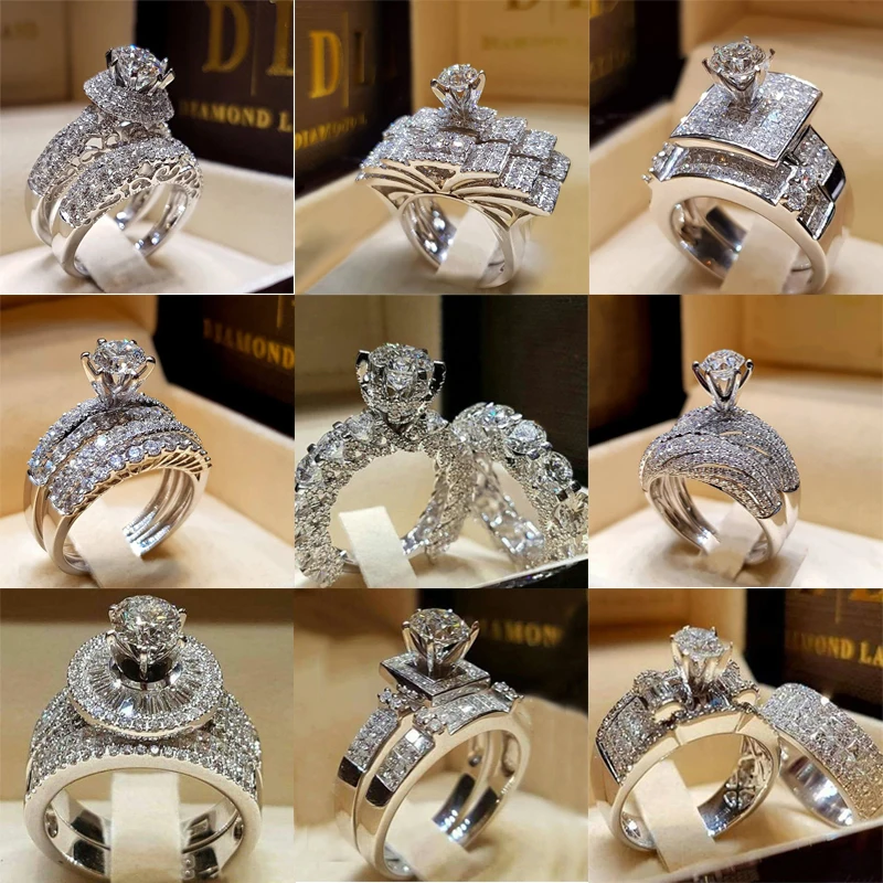 Conjunto de 2 peças, série White Crystal Round Ring Set para mulheres, Milangirl na moda, festa de casamento, jóias da moda, atacado