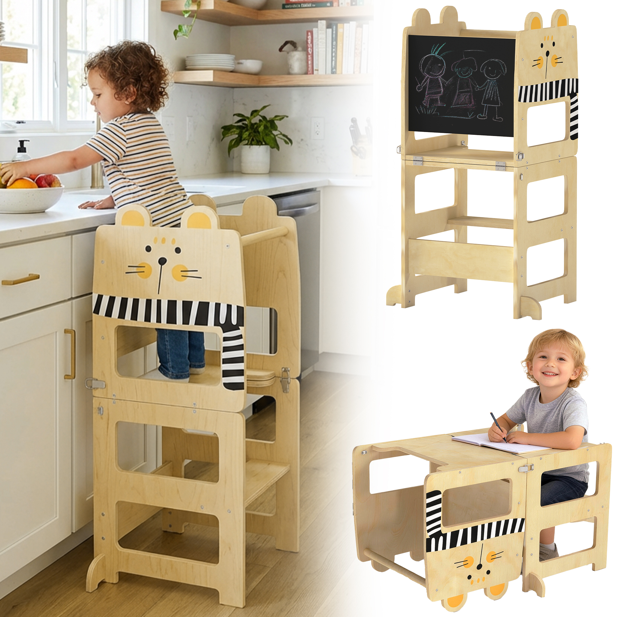 Torre de Aprendizagem Dobrável 3 em 1 Aiyaplay, Conversível em Mesa e Cadeira com Quadro Negro e Desenhos de Gatos Naturais