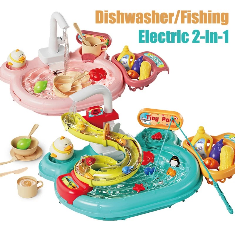 Rompecabezas para niños, juguetes para juego de imitación, lavabo para lavar platos, regalo, cocina, juguetes interactivos, tobogán 2 en 1, pesca, juguetes Montessori