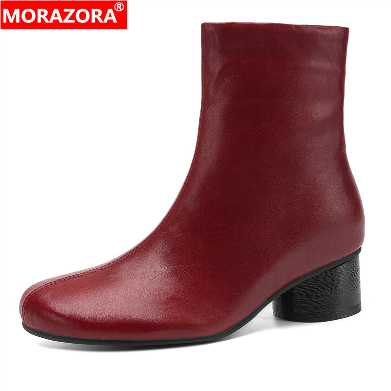 MORAZORA ขนาดใหญ่ 35-43 รองเท้าบูทหนังแท้สำหรับผู้หญิงรอบนิ้วเท้าส้นกลางฤดูใบไม้ร่วงฤดูหนาวแฟชั่นรองเท้าสุภาพสตรีรองเท้า