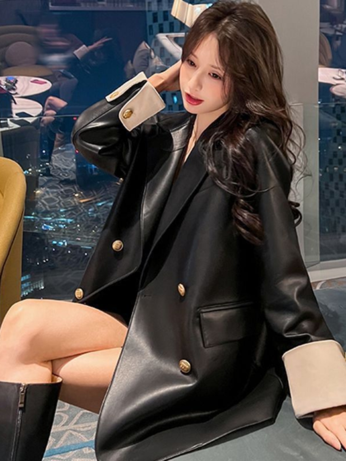 Black PU Leather Jacket Spring Autumn High-End Loose Design Korean Sle Casual Outerwear Long Sleeve V-Neck Mid-Length Coat