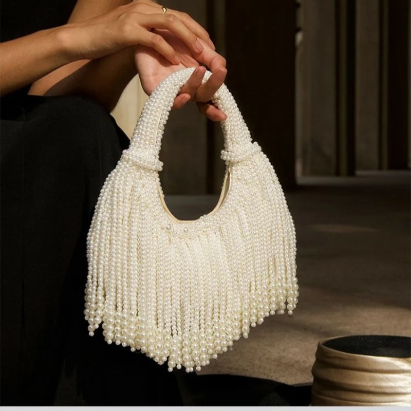 Clutch de Noite Luxuosa Feita à Mão com Pérolas Falsas, Bolsa de Ombro com Detalhes Vintage em Franjas, Elegante Bolsa de Festa e Casamento para Mulheres
