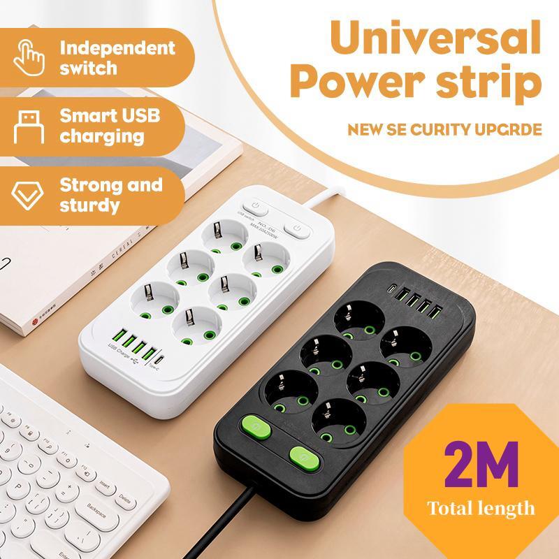 Enchufe europeo, tomas de CA, enchufe multiap, cable de extensión de 2M, tira de alimentación eléctrica con USB tipo C, adaptador de filtro de red de carga rápida