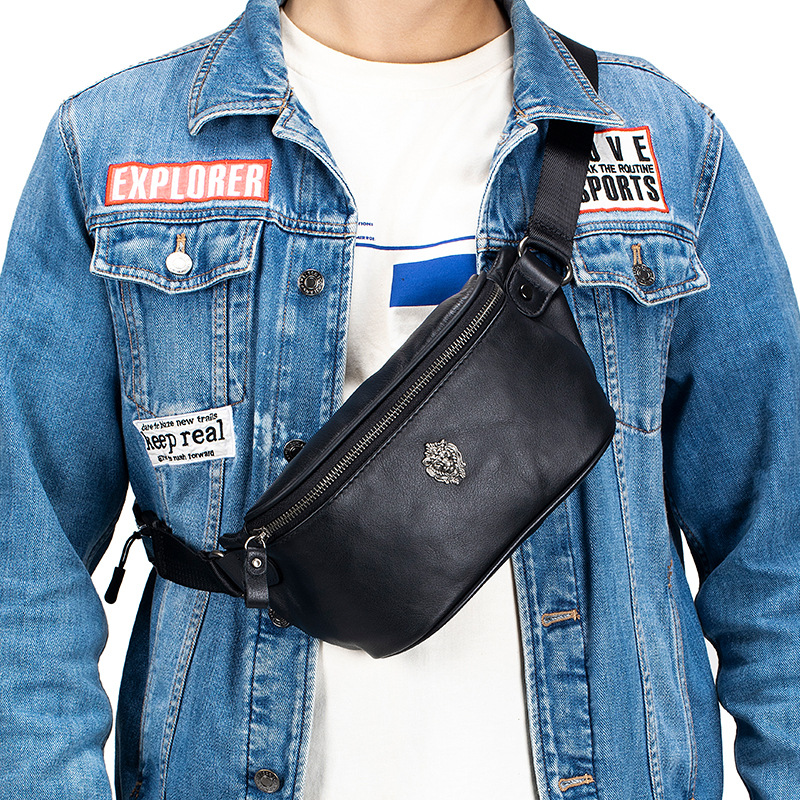 Top Layer Cowhide Men's Spor Crossbody Chest Bag Multifunctional Sling Waist Bag Leather Bag for Sports And Travel