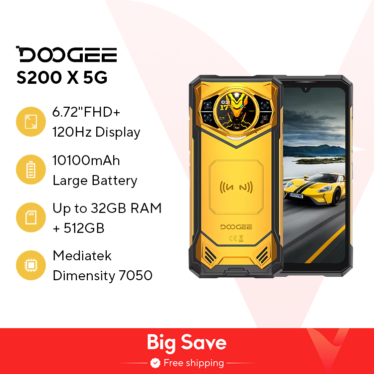 월드 프리미어 DOOGEE S200 X 5G 견고한 휴대폰 12+512GB 스마트폰 6.72인치 FHD+120Hz IPS 화면 크기 7050 10100mAh 배터리 33W