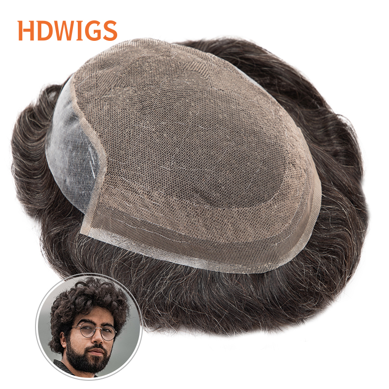 Parrucca da uomo in pizzo PU con capelli umani Remy indiani, traspirante, in pizzo francese, protesi capillare maschile, morbida, resistente, sottile, in PU
