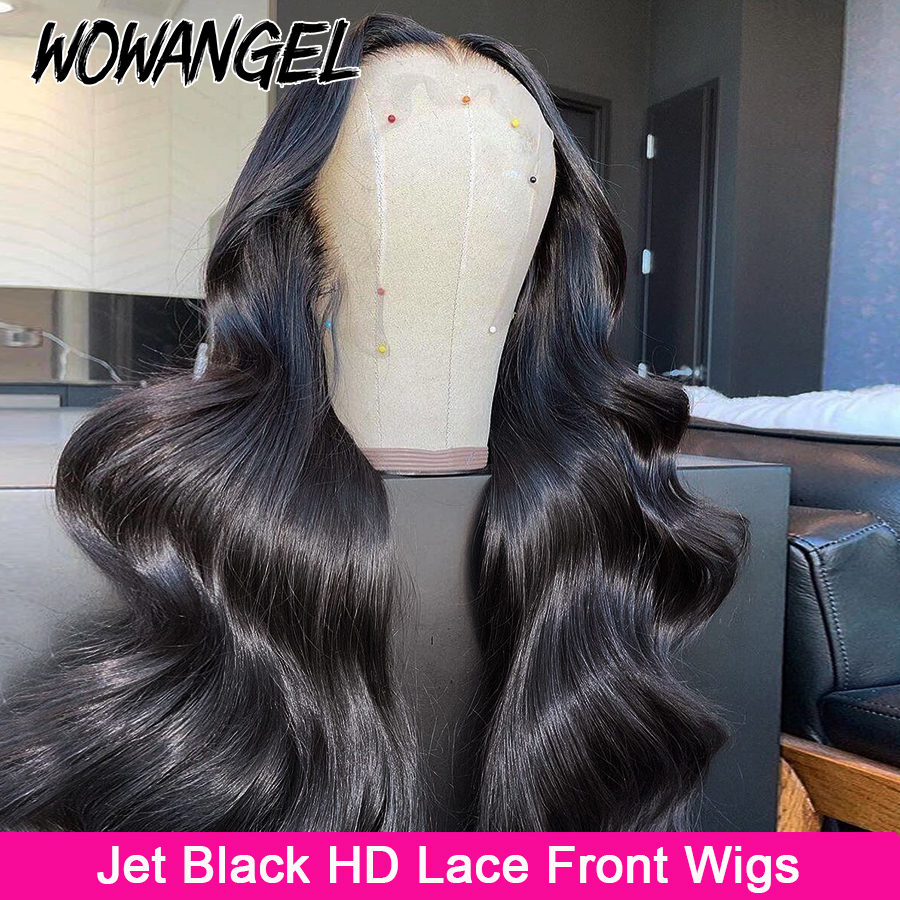 Wow Angel-HD Lace Full Frontal Cabelo Humano Perucas para Mulheres, Onda Corporal, Ultra Fino, Pré Arrajadas, Jet Black, 250%, 13x4