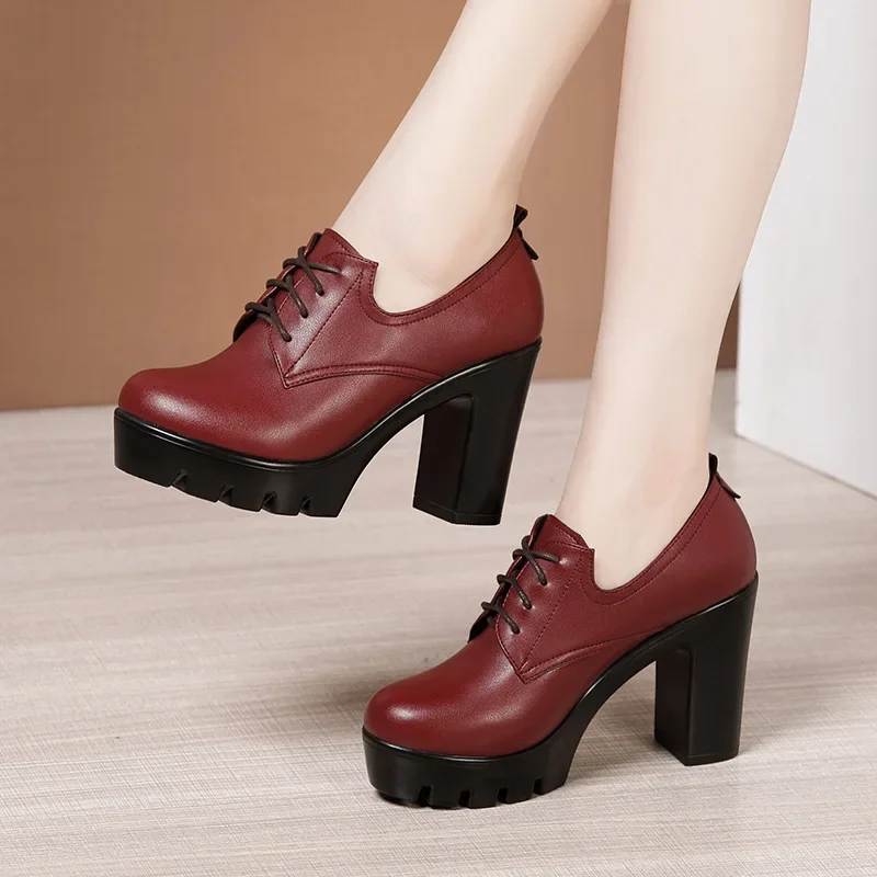 Small Size 32-43 British Female Oxfords Women's Block High Heels Platform Pumps 2026 Deep Mouth Soft Leather Shoes with Fur