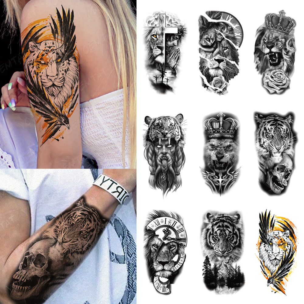 Tatuagem adesiva temporária à prova d'água, coroa, rosa, flor, tigre, leão, guerreiro, cruz, arte corporal, braço, tatuagens falsas, manga, mulheres, homens