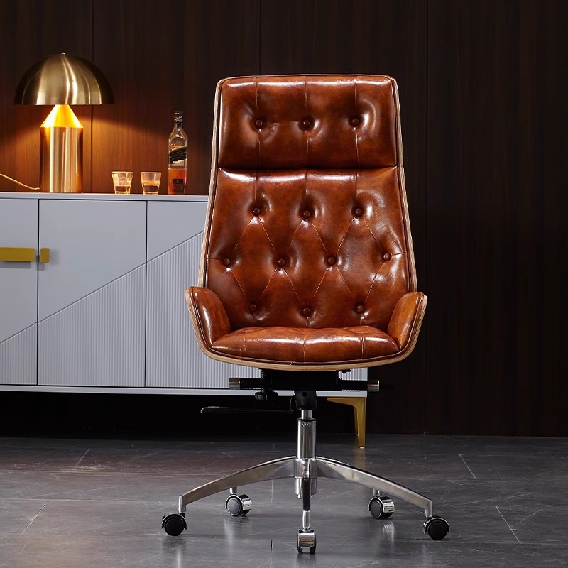 Cómoda silla de oficina de piel de vaca de primera capa, silla de jefe, silla de ordenador de clase grande de lujo ligera, estudio
