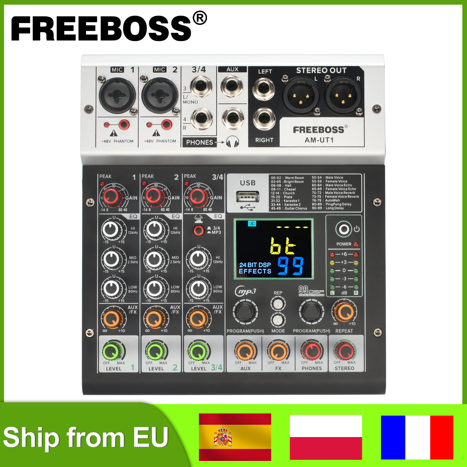 Compléter EBOSS 99 Effprotected 4 Channel Assad Console 48V Bluetooth Sound Audio DJ Mall USB Play PC Record for Karaoké Home Party AM-UT1