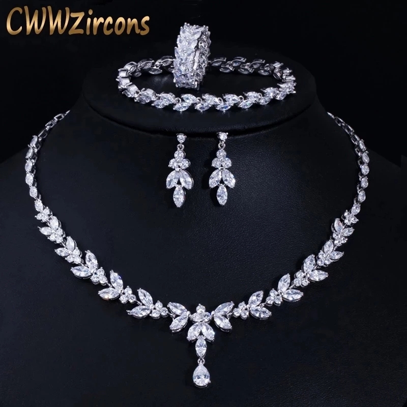 CWWZircons 4 sztuk Brilliant Cubic naszyjnik cyrkoniowy kolczyki pierścień i bransoletka ślubna biżuteria dla nowożeńców sukienka akcesoria T344